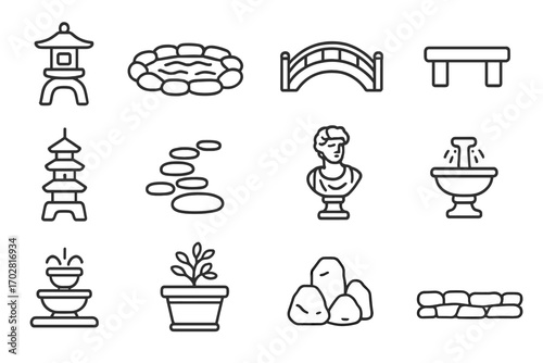 Stone Garden Icons. Line style icons of stone garden features: stone lantern, stone pond edge, stone bridge, stone seat; stone