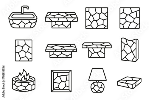 Stone Interior Design Icons. Line style icons of stone interior design: stone sink, stone countertop, stone backsplash, stone