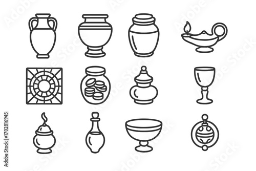 Glass Artifact Icons. Line style icons of glass ancient artifacts: glass amphora, glass urn, glass scroll jar, glass oil lamp;