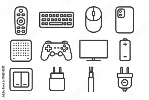 Plastic Electronics Icons. Line style icons of plastic electronics: plastic remote, plastic keyboard, plastic mouse, plastic phone