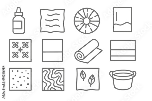 Fabric Dye Icons. Line style icons of fabric dyeing: fabric dye bottle, dyed swatch, tie-dye circle, dip-dyed edge; batik pattern,
