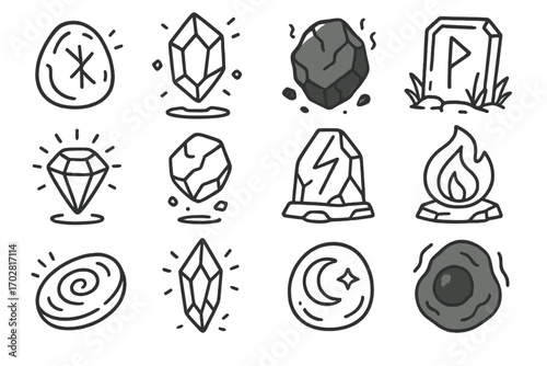 Fantasy Stones Icons. Line style icons of fantasy stones: glowing runestone, levitating crystal rock, cursed black stone,