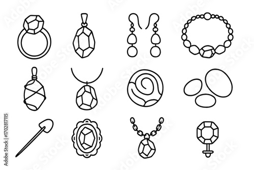 Rock Jewelry Icons. Line style icons of rock jewelry: stone ring, pendant with rock, earrings with pebbles, gemstone bracelet;