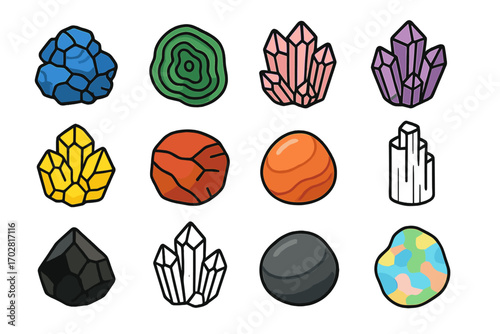 Colorful Mineral Icons. Line style icons of colorful minerals: blue azurite, green malachite, pink rose quartz, purple amethyst;