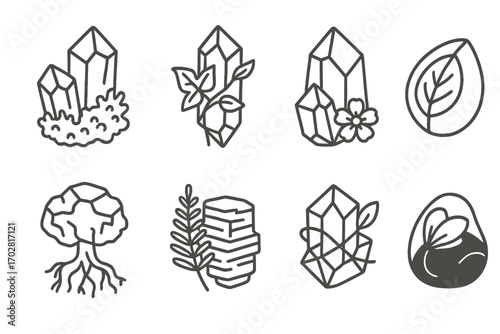 Nature and Mineral Fusion. Line style icons of minerals with flora: moss on quartz, ivy wrapped crystal, flower on amethyst, leaf