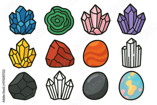Colorful Mineral Icons. Line style icons of colorful minerals: blue azurite, green malachite, pink rose quartz, purple amethyst;