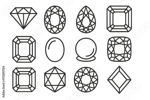 Line Style Gem Icons. Line style icons of precious gems: diamond, ruby, sapphire, emerald; alexandrite, opal, pearl, spinel;