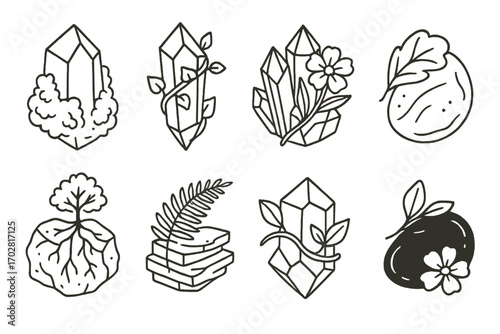 Nature and Mineral Fusion. Line style icons of minerals with flora: moss on quartz, ivy wrapped crystal, flower on amethyst, leaf