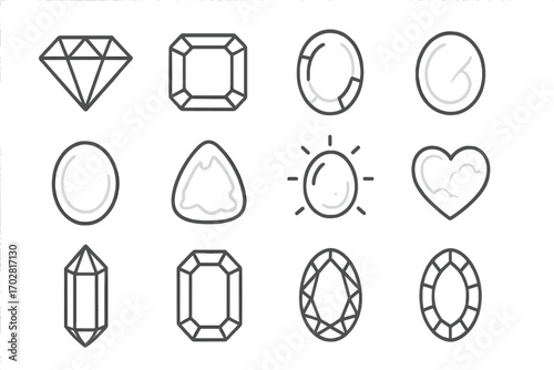 Line Style Gem Icons. Line style icons of transparent and translucent gems: clear diamond, watery aquamarine, glassy topaz,