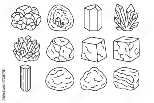 Massive Mineral Icons. Line style icons of massive mineral forms: pyrite mass, quartz geode, beryl block, gypsum cluster; calcite
