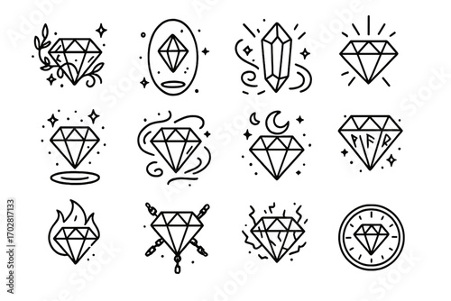 Fantasy Diamond Icons. Line style icons of fantasy diamonds: enchanted diamond, floating gem, crystal with aura, divine diamond;