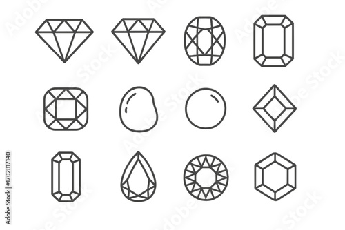 Line Style Gem Icons. Line style icons of precious gems: diamond, ruby, sapphire, emerald; alexandrite, opal, pearl, spinel;