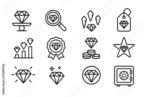 Diamond Value Icons. Line style icons of diamond value concepts: carat weight icon, clarity scale, gem quality levels, price tag