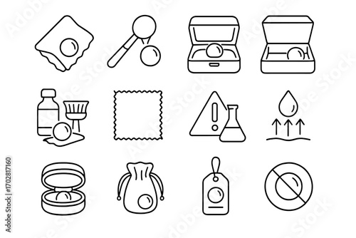 Pearl Care Icons. Line style icons of pearl care and handling: soft cloth with pearl, pearl polishing brush, jewelry box with