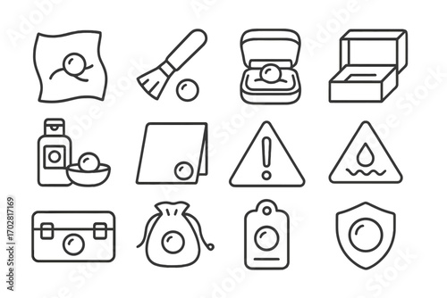 Pearl Care Icons. Line style icons of pearl care and handling: soft cloth with pearl, pearl polishing brush, jewelry box with