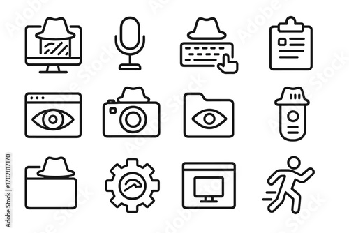 Spyware Icon Set. Line style icons of spyware behavior: hidden screen capture, microphone spying, key press log, clipboard steal;