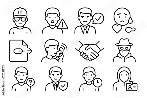 Social Engineering Icons. Line style icons of social engineering: fake IT staff, urgent request scam, fake manager message,