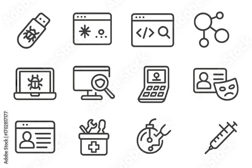 Hacking Tools Icons. Line style icons of hacking tools: USB stick with virus, brute-force software, backdoor code, network sniffer