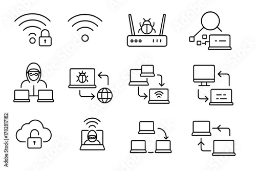Network Hacking Icons. Line style icons of network hacking: Wi-Fi breach, unsecured signal, router exploit, packet sniffing;