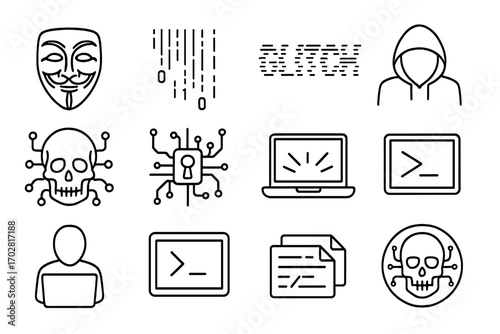 Hacking Symbol Icons. Line style icons of famous hacking symbols: anonymous mask, binary rain screen, glitch text symbol, hacker