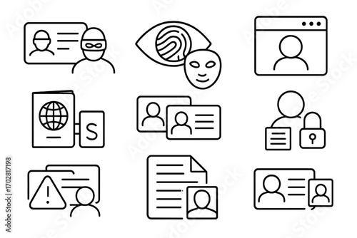 Identity Fraud Icons. Line style icons of identity fraud: stolen ID card, biometric spoof, fake profile, social security misuse;