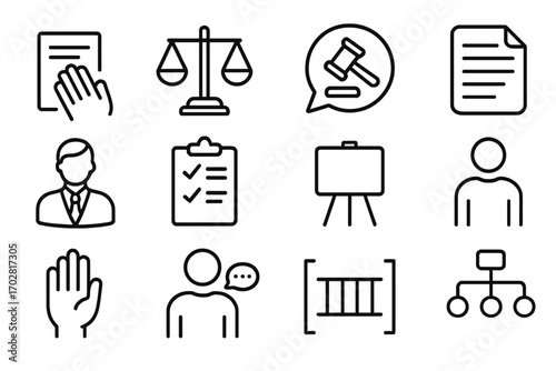 Suspect Rights Icons. Line style icons of suspect rights: hand on document, scale of justice, voice bubble with legal icon,