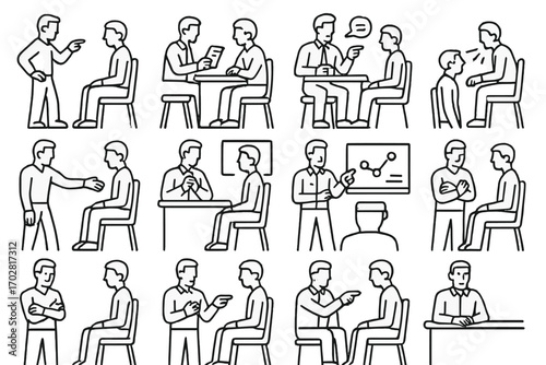 Interrogation Style Icons. Line style icons of interrogation styles: aggressive stance, calm questioning, leading question,