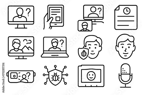 Tech Interrogation Icons. Line style icons of technological interrogations: screen-based questioning, digital evidence