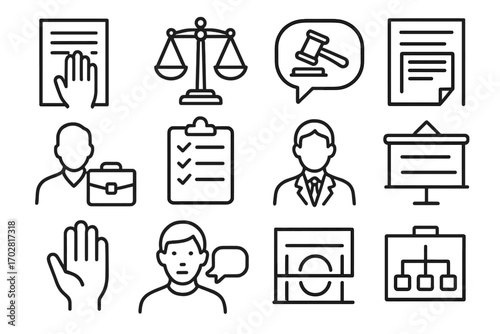 Suspect Rights Icons. Line style icons of suspect rights: hand on document, scale of justice, voice bubble with legal icon,