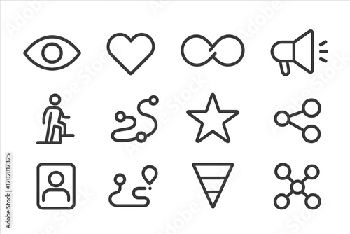 Customer Journey Icons. Line style icons of customer journey stages: awareness eye, interest heart, consideration loop, decision