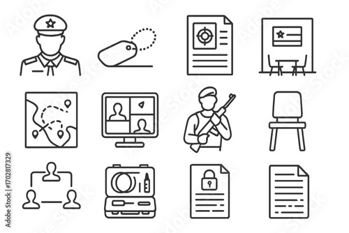 Military Interrogation Icons. Line style icons of military interrogations: uniformed officer, dog tag on table, mission file, base
