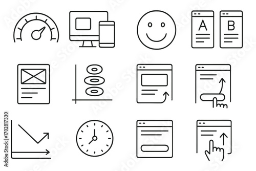 Website Optimization Icons. Line style icons of website optimization for marketing: speed gauge, mobile responsive screen, user