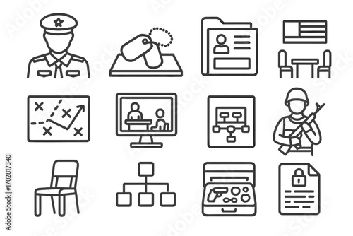 Military Interrogation Icons. Line style icons of military interrogations: uniformed officer, dog tag on table, mission file, base