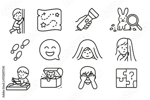 Children's Search Icons. Line style icons of children’s search games: hide and seek icon, treasure map with stars, flashlight in