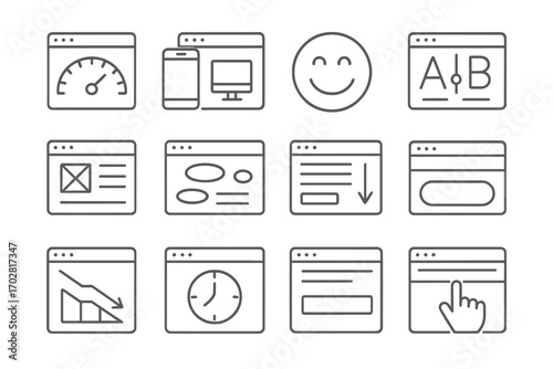 Website Optimization Icons. Line style icons of website optimization for marketing: speed gauge, mobile responsive screen, user