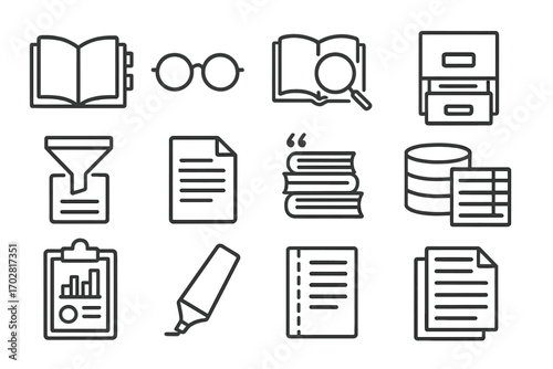 Research and Data Icons. Line style icons of research and data search: book open with tabs, reading glasses, search in