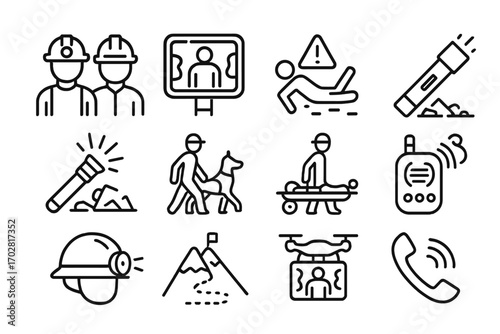 Emergency Rescue Icons. Line style icons of emergency rescue search: rescue team icon, thermal camera view, fallen person alert,