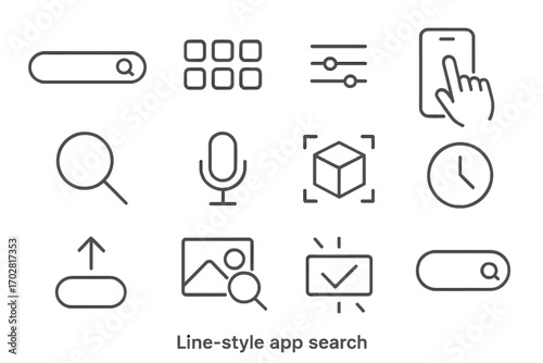 Line Style Search Icons. Line style icons of UI and app search: mobile search field, result tile grid, filter menu icon, swipe to