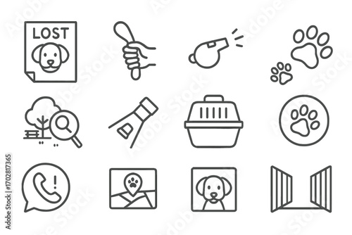 Pet Search Icons. Line style icons of pet search: lost dog flyer, leash in hand, whistle symbol, paw prints trail; park search,