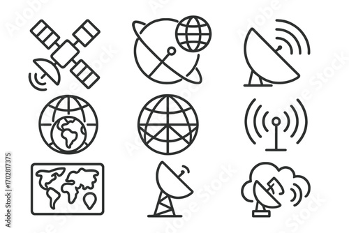 Satellite Communication Icons. Line style icons of satellite and long-range taps: satellite icon, dish and globe, orbital wave