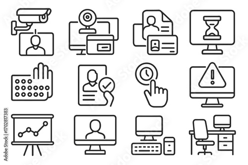 Workplace Surveillance Icons. Line style icons of workplace surveillance: employee on camera, desk cam icon, ID swipe record,