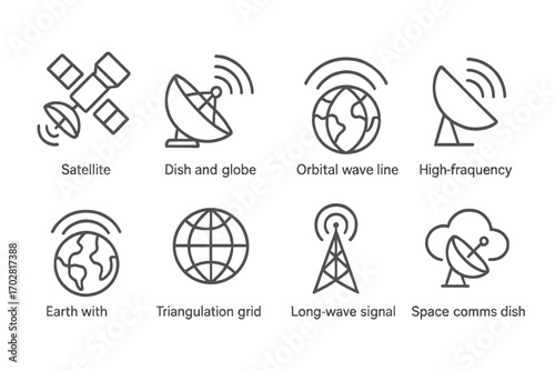Satellite Communication Icons. Line style icons of satellite and long-range taps: satellite icon, dish and globe, orbital wave