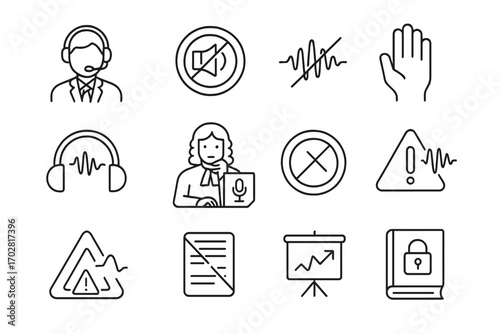 Courtroom Legal Icons. Line style icons of courtroom defense against wiretap: defense lawyer with headset, audio inadmissible