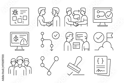 Tech Development Icons. Line style icons of tech development resolutions: bug fix board, dev team handshake, software roadmap