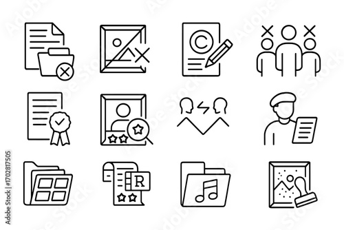 Creative Appeal Icons. Line style icons of artistic and creative appeals: grant rejection with appeal file, exhibition entry