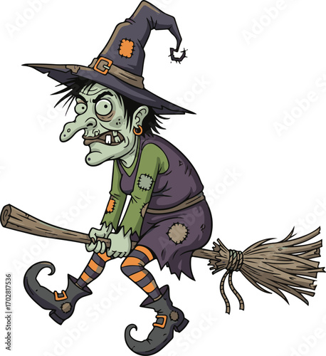 Spooky cartoon witch with a menacing grin flying on a broomstick, dressed in a patched robe and pointed hat for Halloween