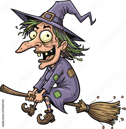 A spooky, cartoon witch with green hair and a crooked nose flying on a broomstick at night, wearing a tattered purple dress and pointy hat, ready for Halloween