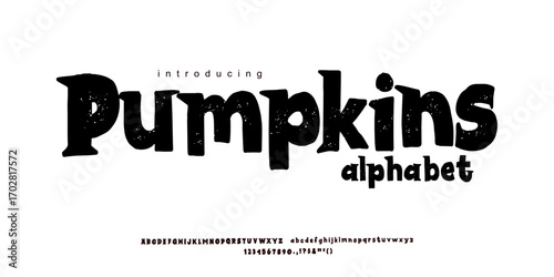 Font Pumpkins Halloween groovy psychedelic alphabet with boo. Vector flat illustration. Floating groovy text. American latin style shape.