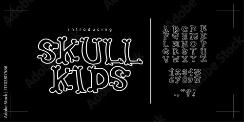 Font Skull Kids. Bones font, Day of the Dead typeface, Halloween skeleton letters type, spooky scary alphabet. Cartoon skeleton bones font alphabet Horror characters vector typography. Halloween ghost