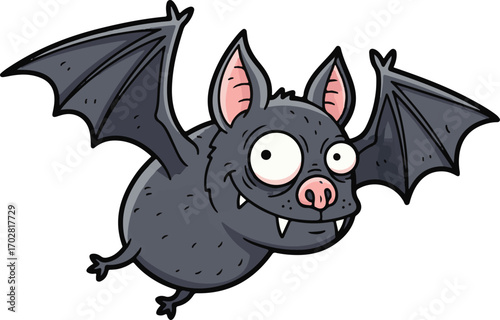 Cartoon Bat Flying with Wide Eyes and a Grinning Mouth, Perfect for Halloween and Spooky Themes
